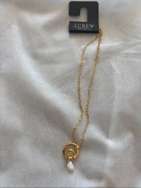 J. Crew Gold Interlinked Ring Necklace with White Pearl Drop
